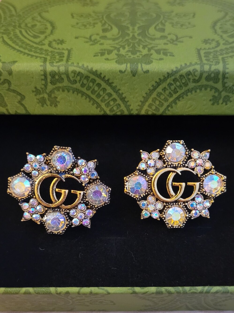 Gucci Gold-Tone GG Crystal Cluster Earrings with Iridescent Stones